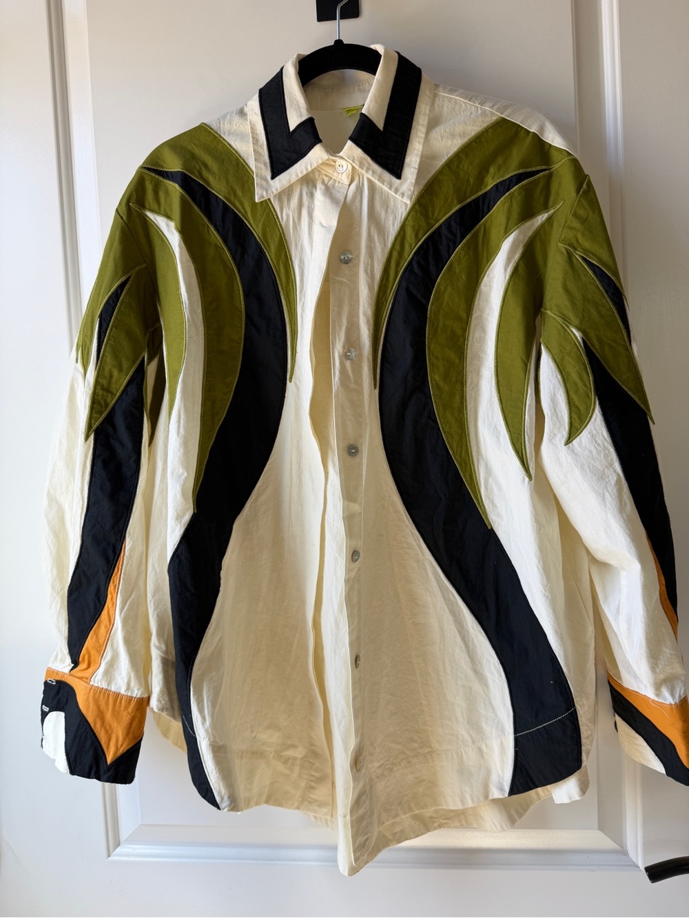 FARM Rio White Button-Down Shirt with Olive, Black & Orange Wave Panels